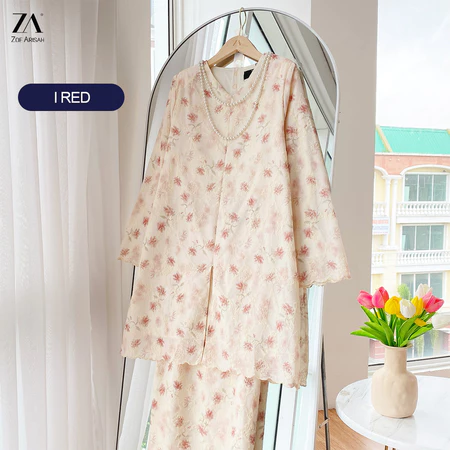 ZOE ARISAH Jawaria Baju Kurung Muslimah Kebarung Moden Full Lace Sulam I RED
