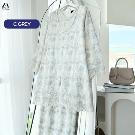 ZOE ARISAH Jawaria Baju Kurung Muslimah Kebarung Moden Full Lace Sulam C GREY