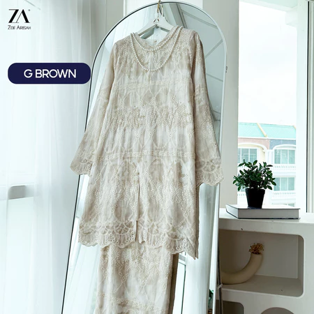 ZOE ARISAH Jawaria Baju Kurung Muslimah Kebarung Moden Full Lace Sulam G BROWN