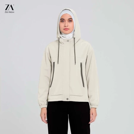 ZOE ARISAH Jacket Water Resistance Plain Top Hooded Sport LESSIE CREAM
