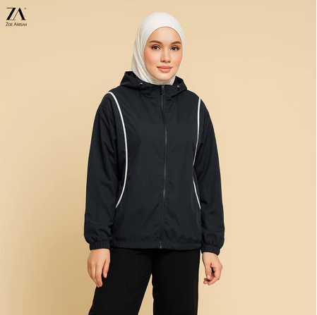 ZOE ARISAH Jacket Water Resistance Plain Top Hooded Sport DARANI BLACK